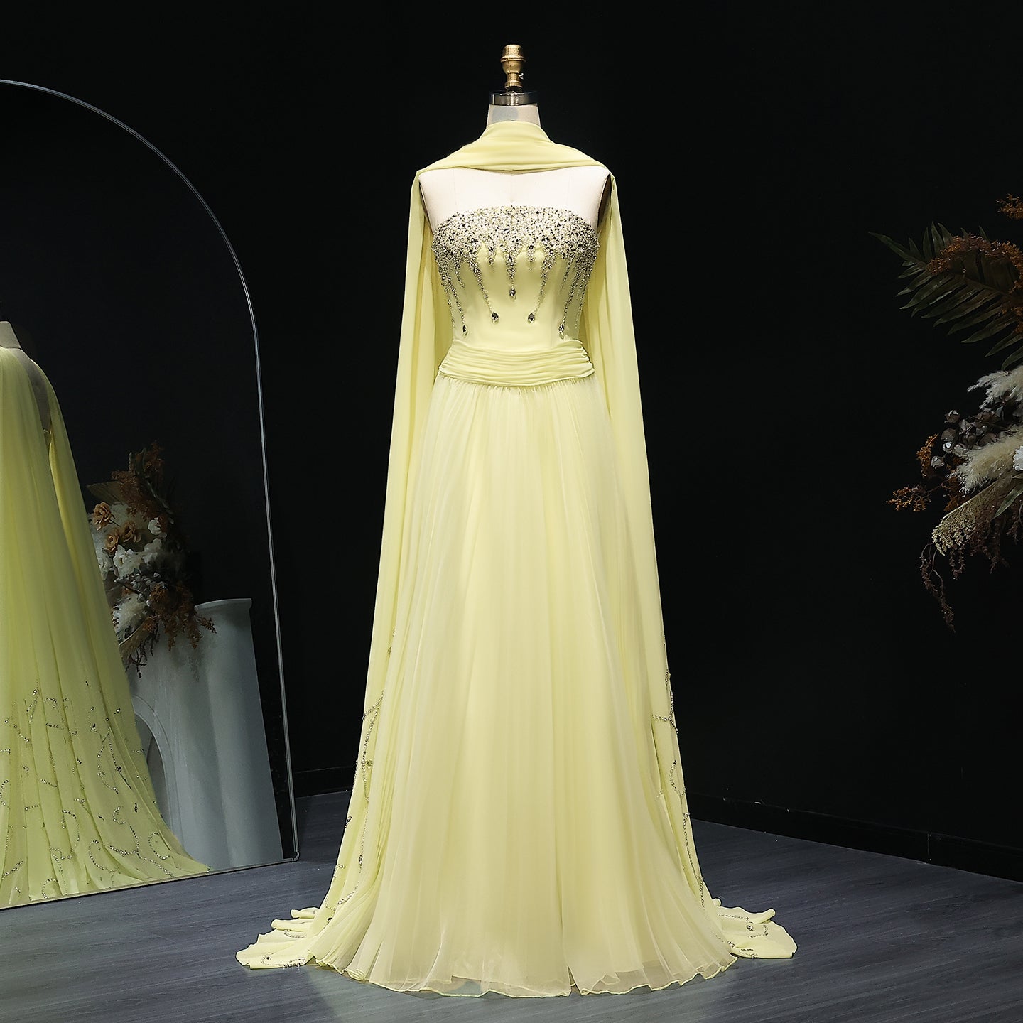 Graceful Crystal Yellow Strapless Evening Dress with Scarf XD-009