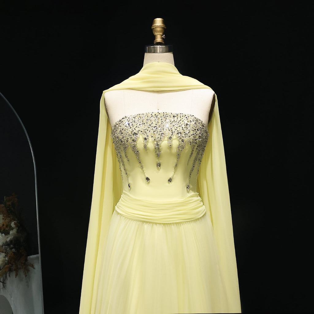 Graceful Crystal Yellow Strapless Evening Dress with Scarf XD-009