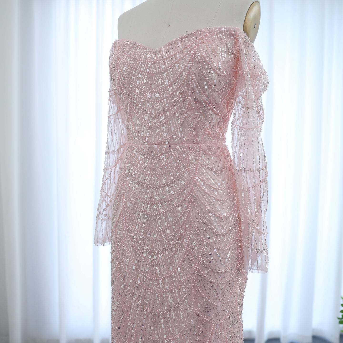 Elegant Pearls Champagne Mermaid Evening Dress SS609