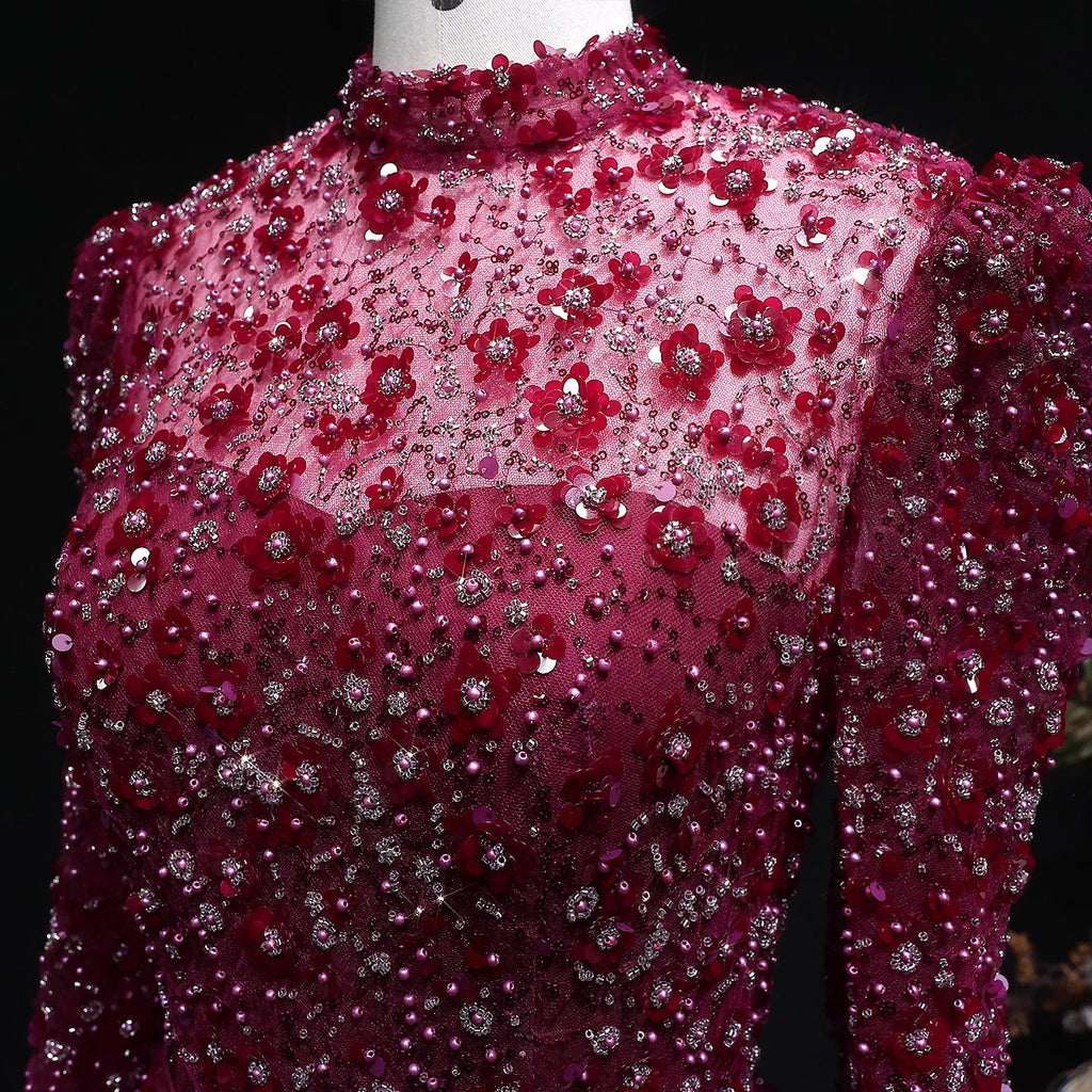 Luxury Delicate Pink 3D Floral Evening Dress with ruffles SS700