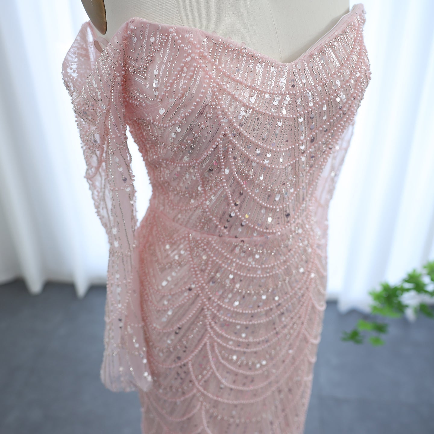 Elegant Pearls Champagne Mermaid Evening Dress SS609