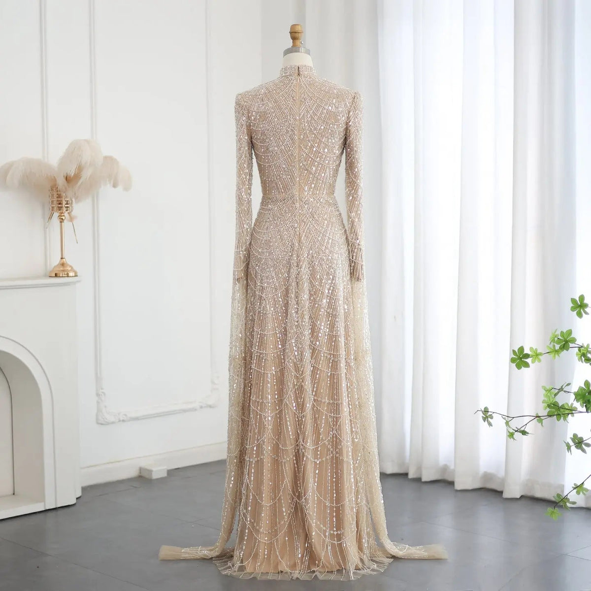 Luxury Sage Green Evening Dress with Cape Sleeves SS630