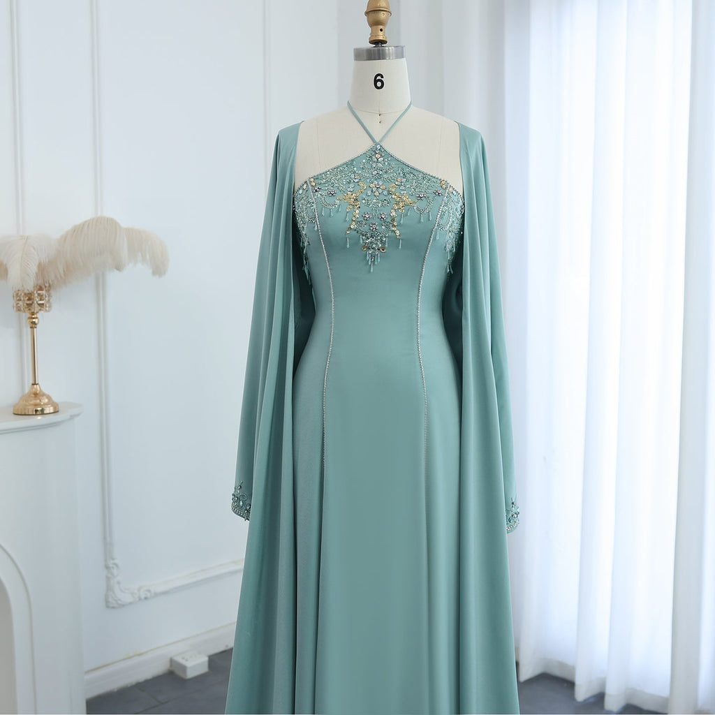 Elegant Crystal Sage Green Halter Evening Dresses with Cape SS301
