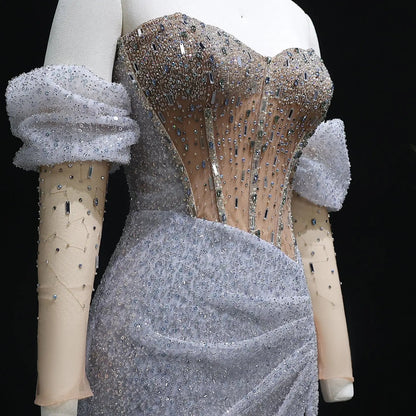 Luxury Crystal Silver Evening Dress with Sleeves Slit SS426