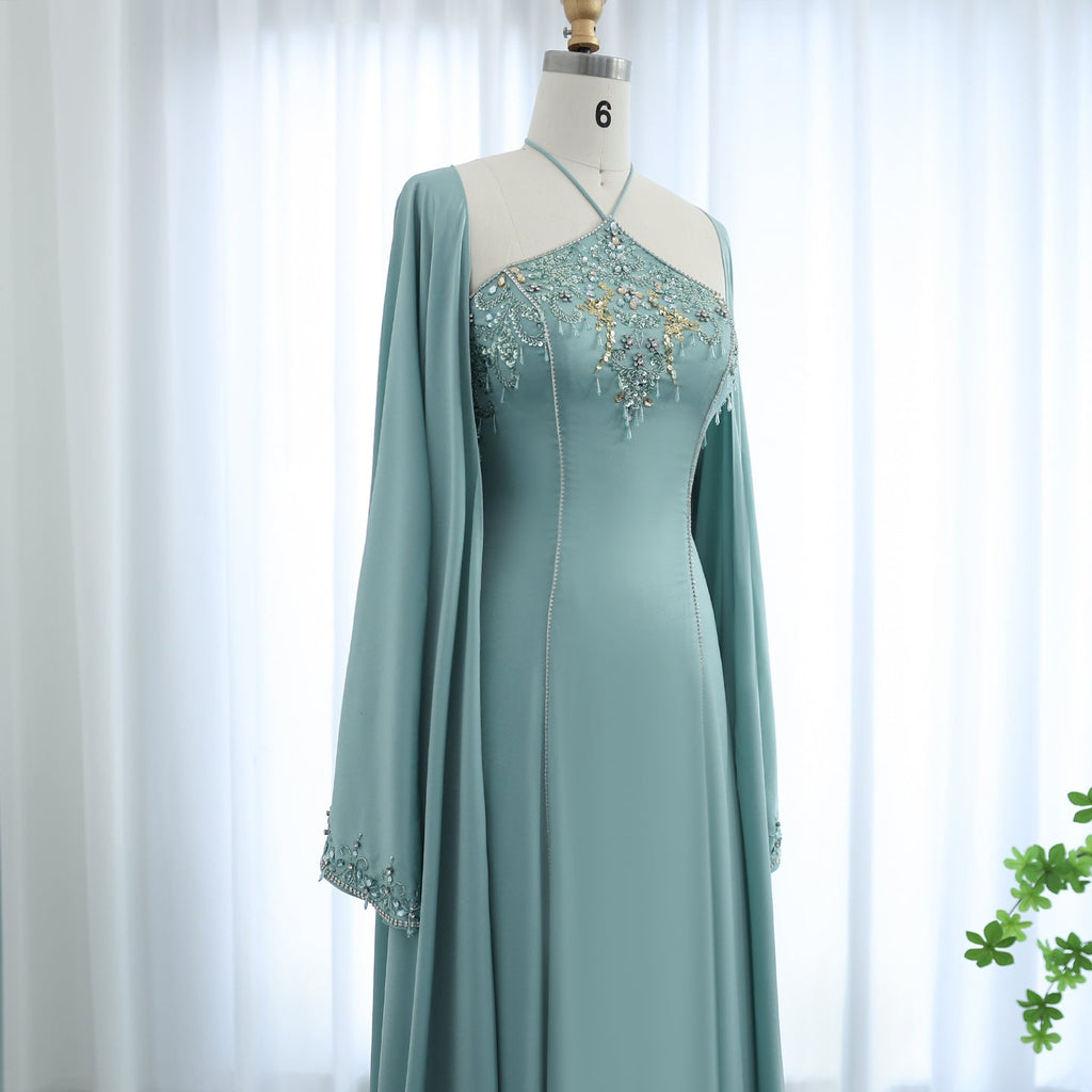 Elegant Crystal Sage Green Halter Evening Dresses with Cape SS301