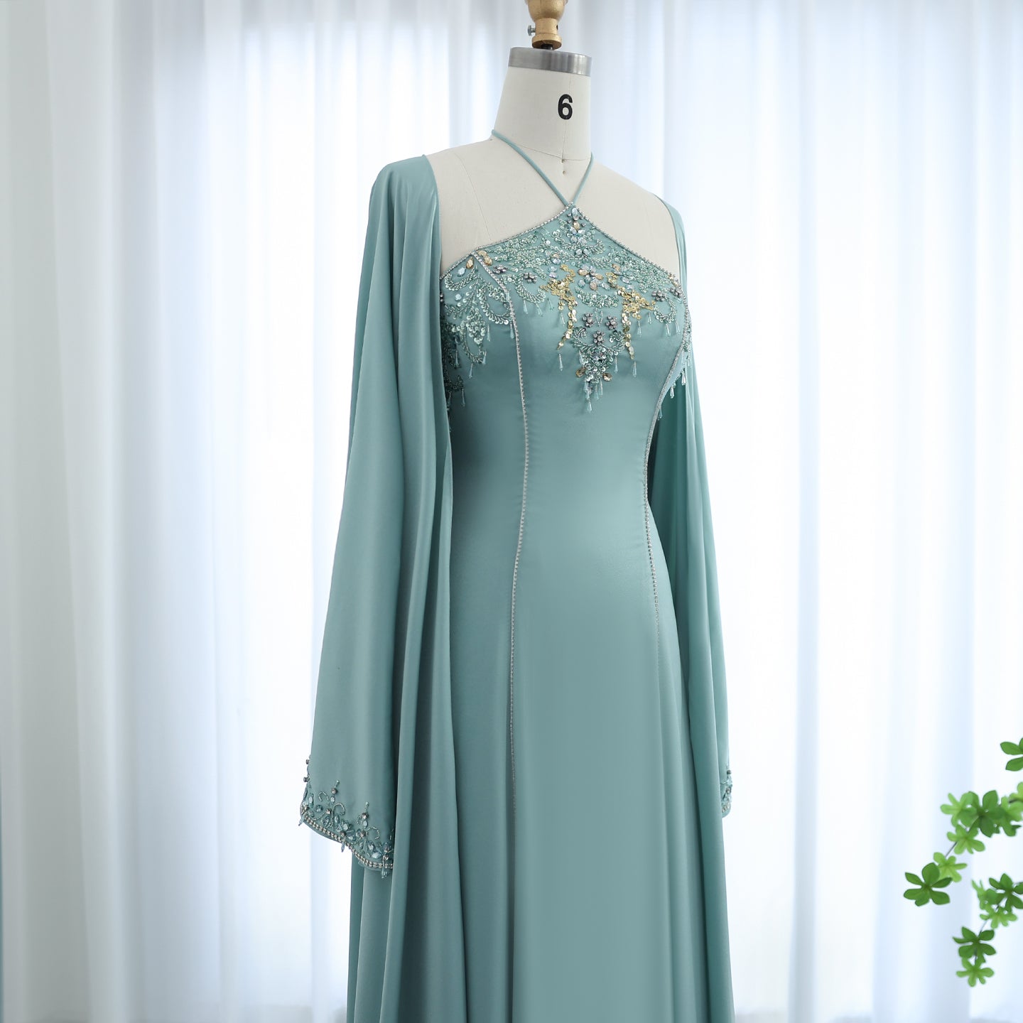 Elegant Crystal Sage Green Halter Evening Dresses with Cape SS301