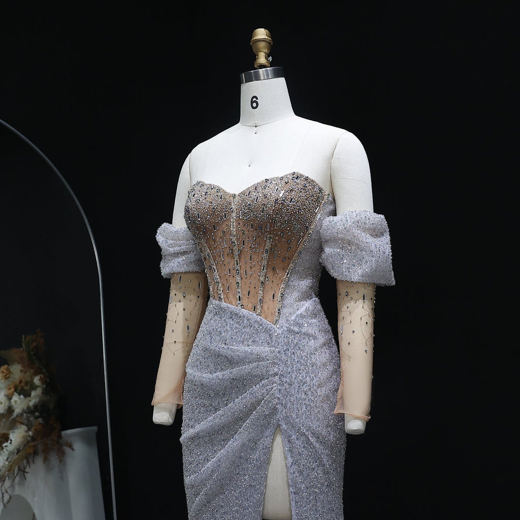 Luxury Crystal Silver Evening Dress with Sleeves Slit SS426