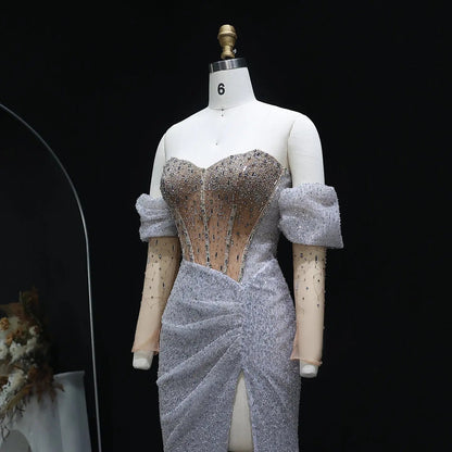 Luxury Crystal Silver Evening Dress with Sleeves Slit SS426