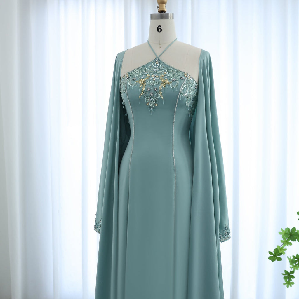 Elegant Crystal Sage Green Halter Evening Dresses with Cape SS301