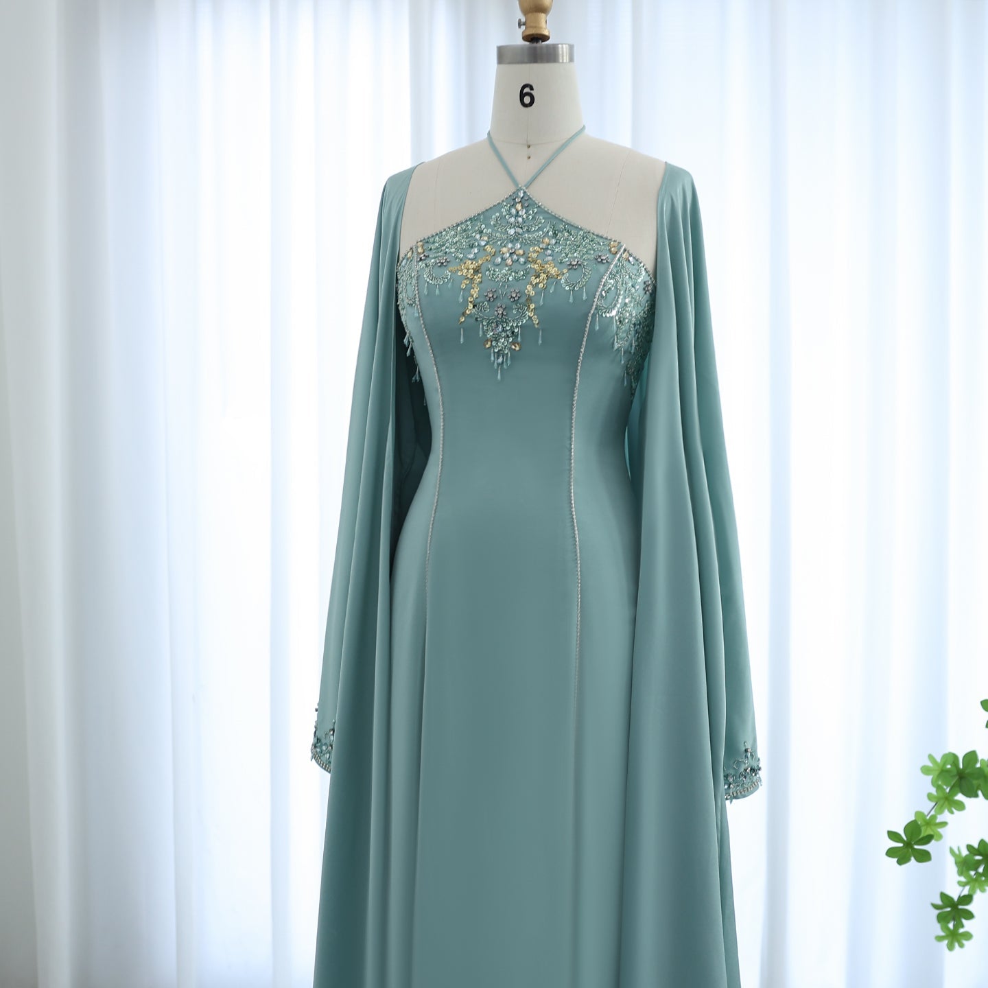 Elegant Crystal Sage Green Halter Evening Dresses with Cape SS301