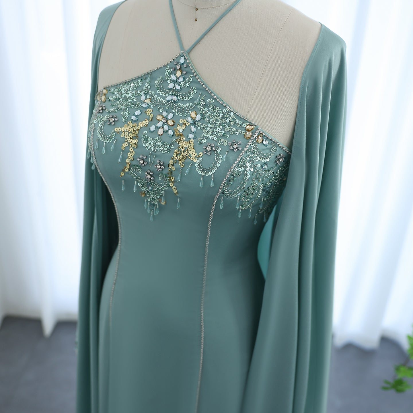 Elegant Crystal Sage Green Halter Evening Dresses with Cape SS301