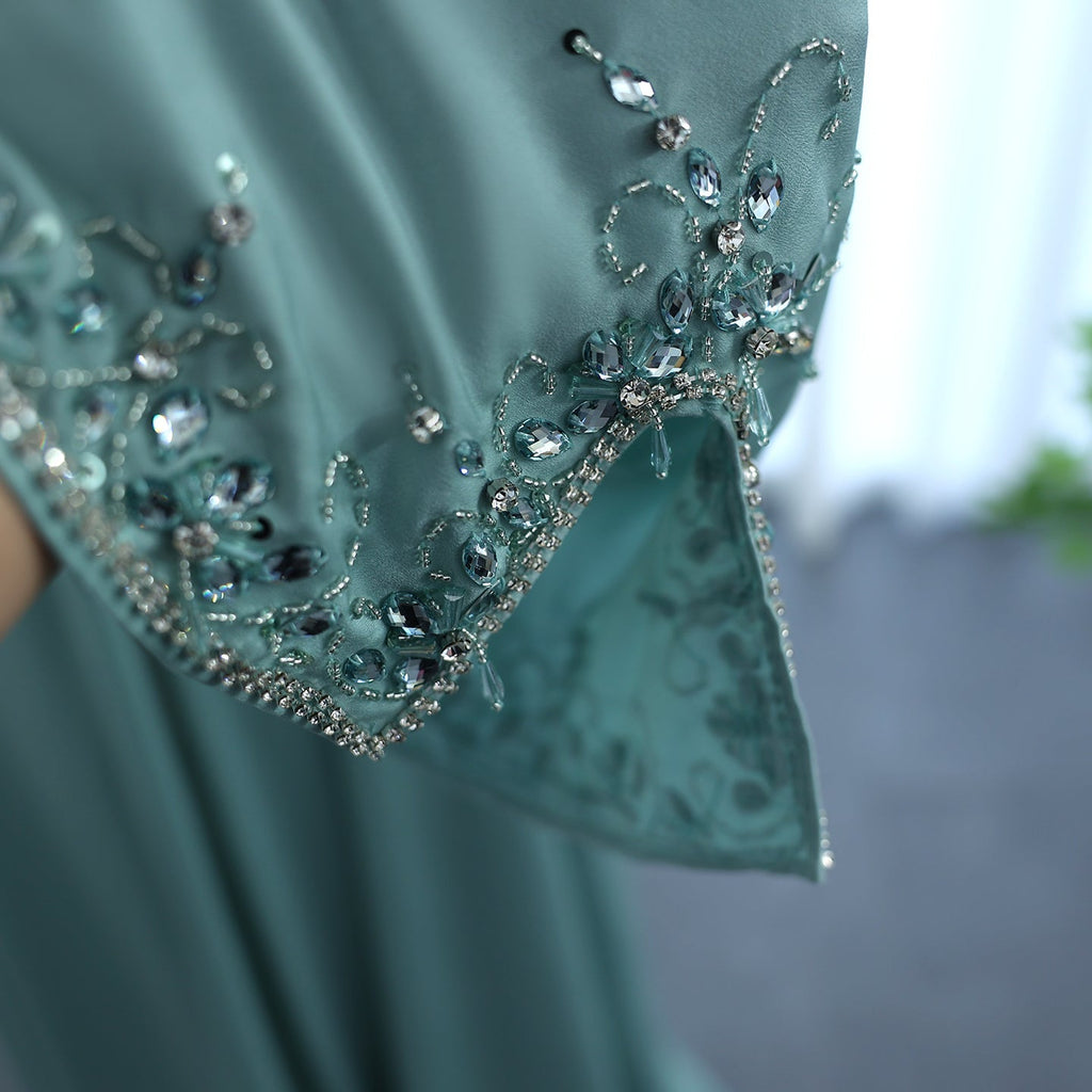 Elegant Crystal Sage Green Halter Evening Dresses with Cape SS301