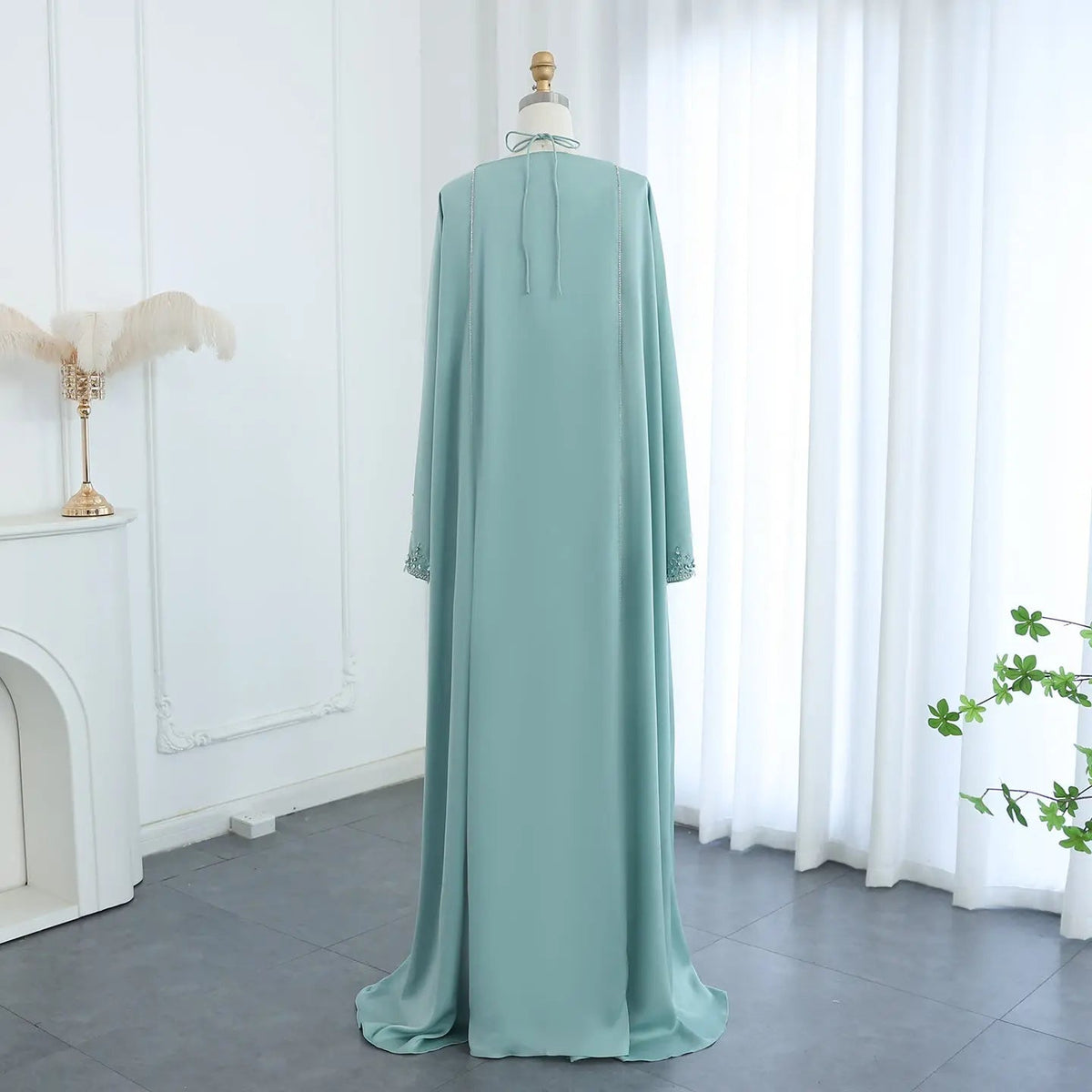 Luxury Sage Green Halter Evening Dress with Cape SS301