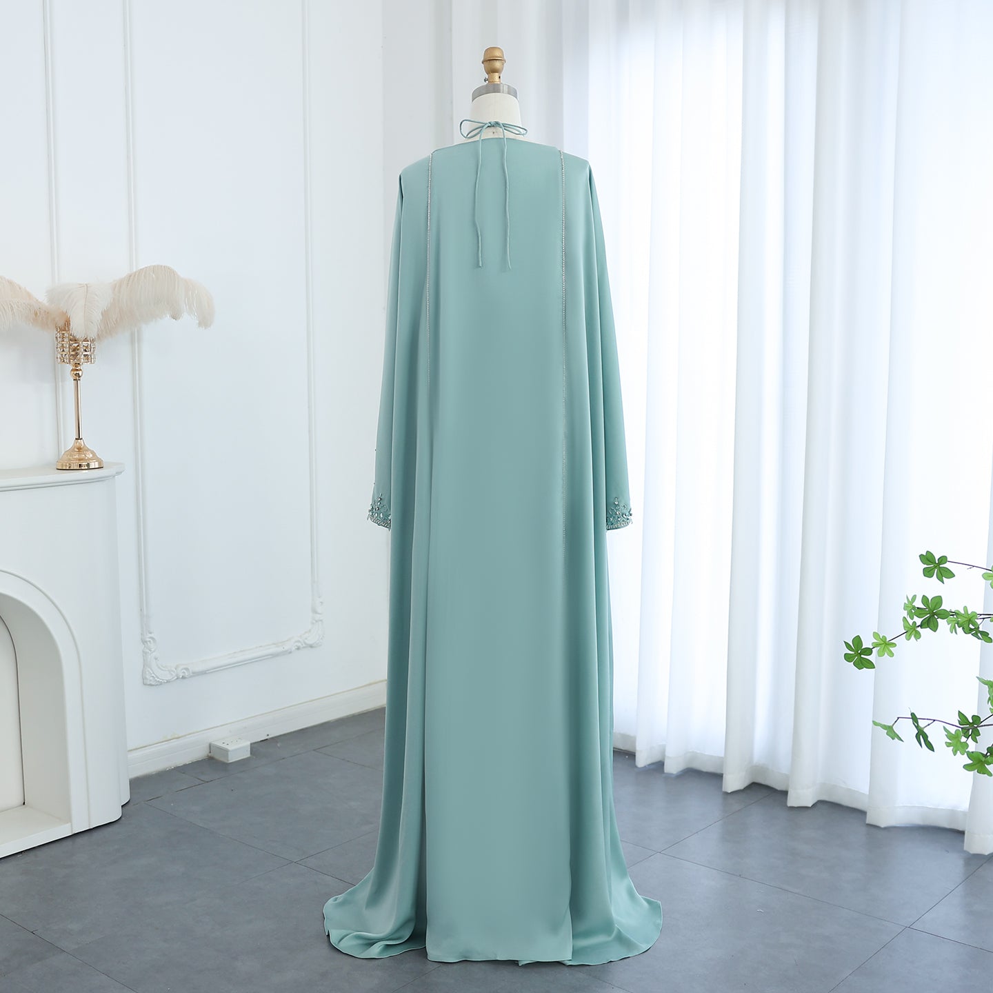Elegant Crystal Sage Green Halter Evening Dresses with Cape SS301