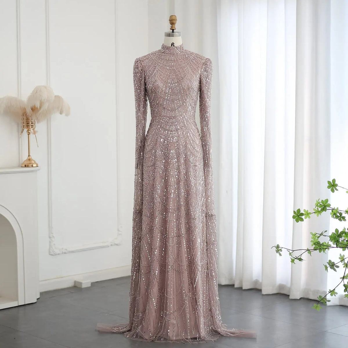 Luxury Sage Green Evening Dress with Cape Sleeves SS630