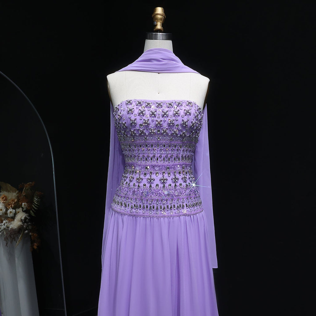 Luxury Crystal Lilac Strapless Chiffon Evening Dress SS539