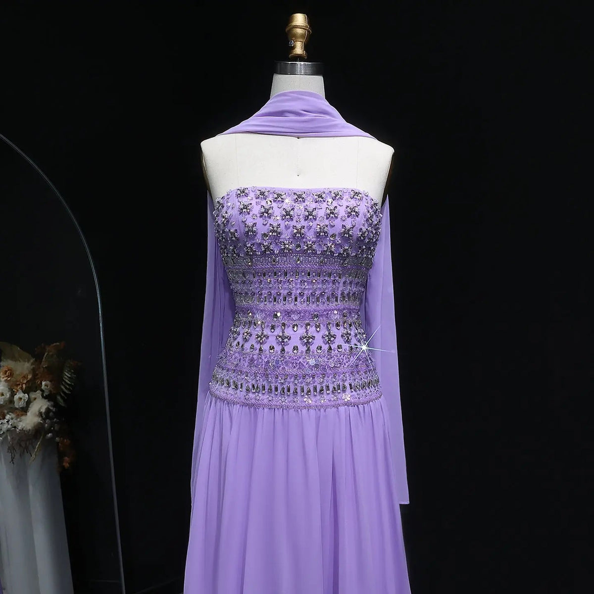 Strapless Lilac Beaded Bodice Evening Dress with Flowing Skirt SS539