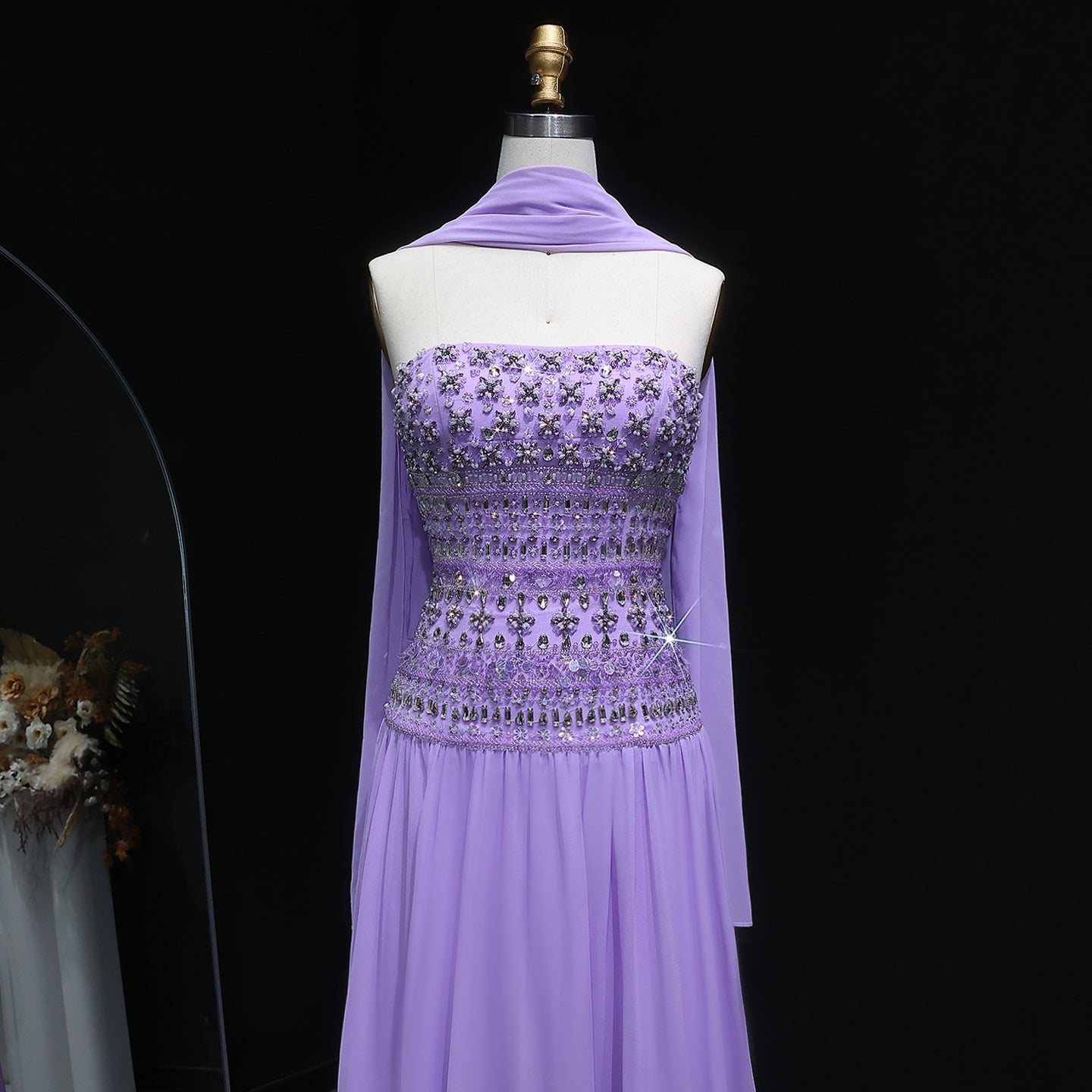 Luxury Crystal Lilac Strapless Chiffon Evening Dress SS539