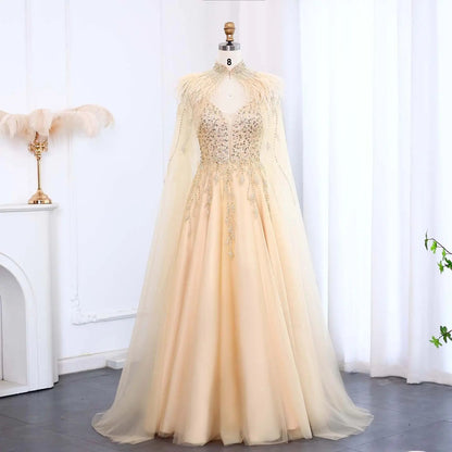 Luxury Gold Feather Evening Dress with Cape SS594