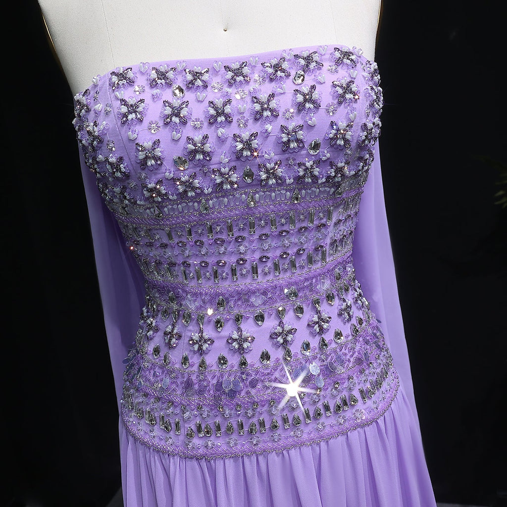 Luxury Crystal Lilac Strapless Chiffon Evening Dress SS539