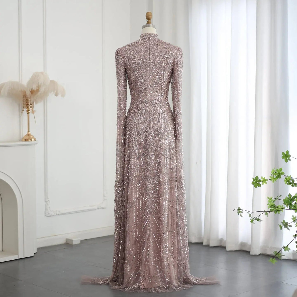 Luxury Sage Green Evening Dress with Cape Sleeves SS630