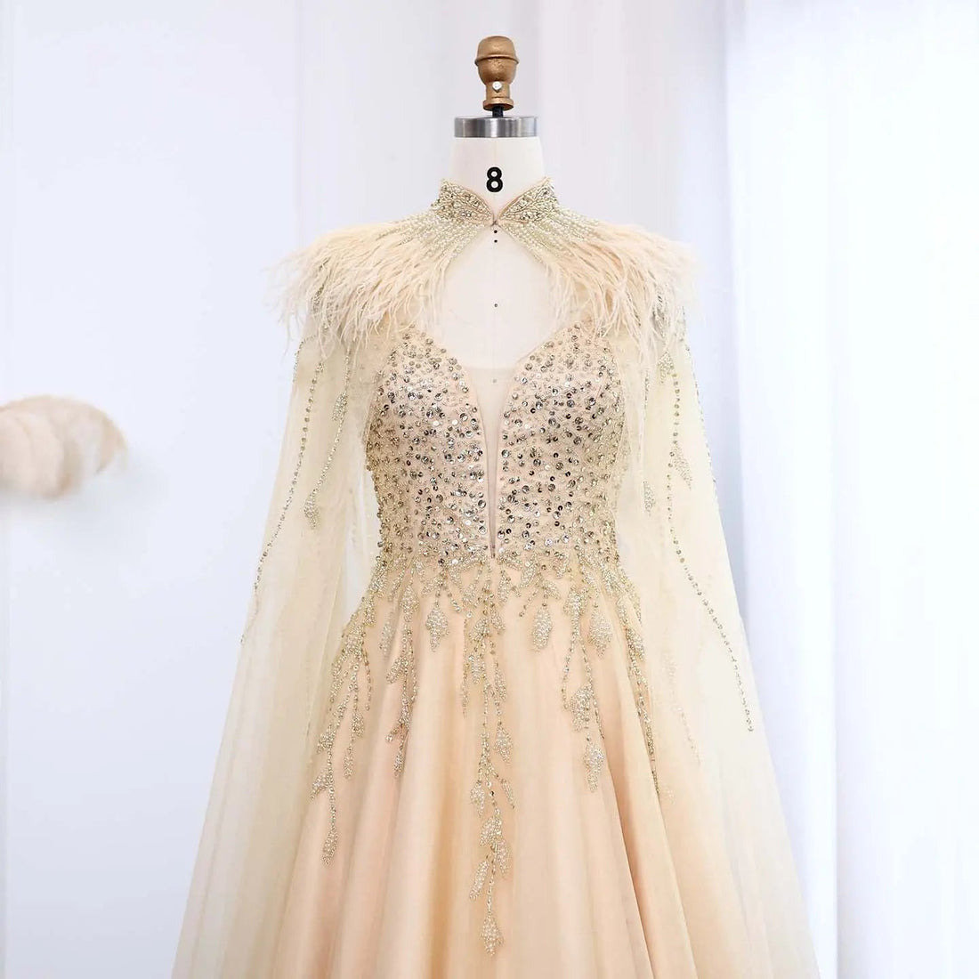 Luxury Gold Feather Evening Dress with Cape SS594