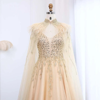 Luxury Gold Feather Evening Dress with Cape SS594