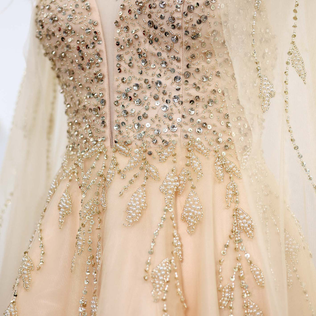 Luxury Gold Feather Evening Dress with Cape SS594