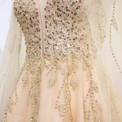 Luxury Gold Feather Evening Dress with Cape SS594