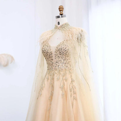 Luxury Gold Feather Evening Dress with Cape SS594