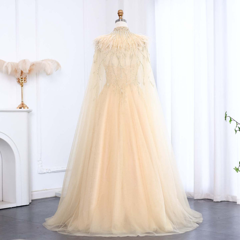 Luxury Gold Feather Evening Dress with Cape SS594