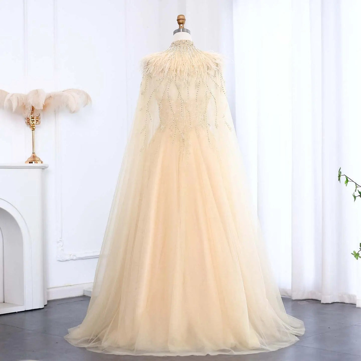 Luxury Gold Feather Evening Dress with Cape SS594
