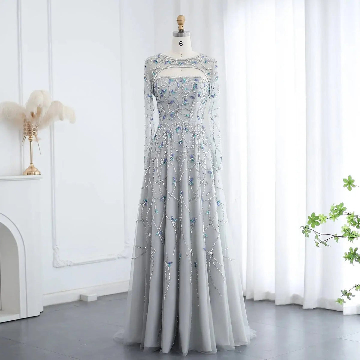 Elegant Beaded Sequins Green Long Sleeve Evening Dress SS593