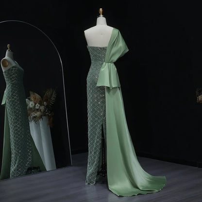Elegant Green Beaded One Shoulder Evening Dress with Overskirt SS626