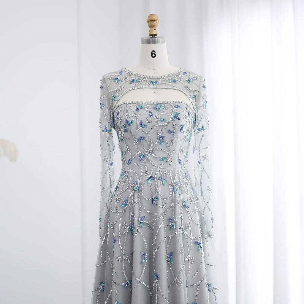 Elegant Beaded Sequins Long Sleeve Evening Dress SS593