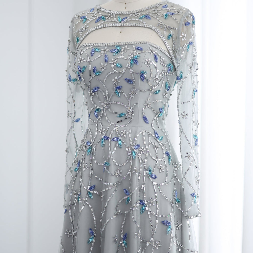 Elegant Beaded Sequins Long Sleeve Evening Dress SS593