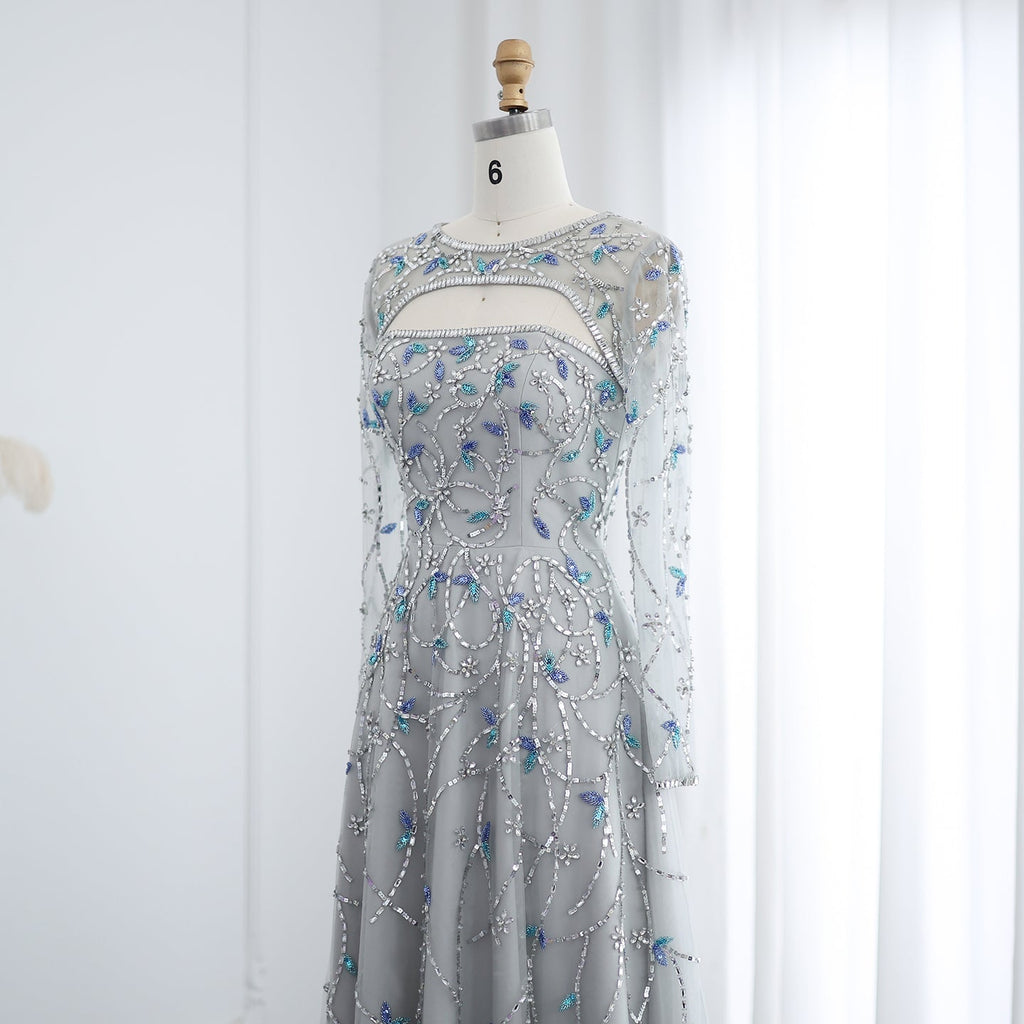 Elegant Beaded Sequins Long Sleeve Evening Dress SS593