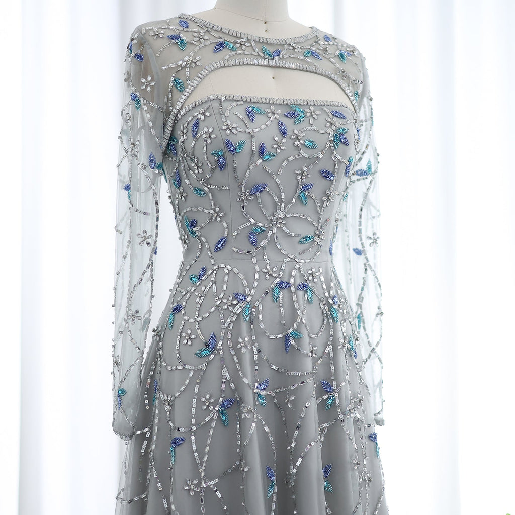 Elegant Beaded Sequins Long Sleeve Evening Dress SS593