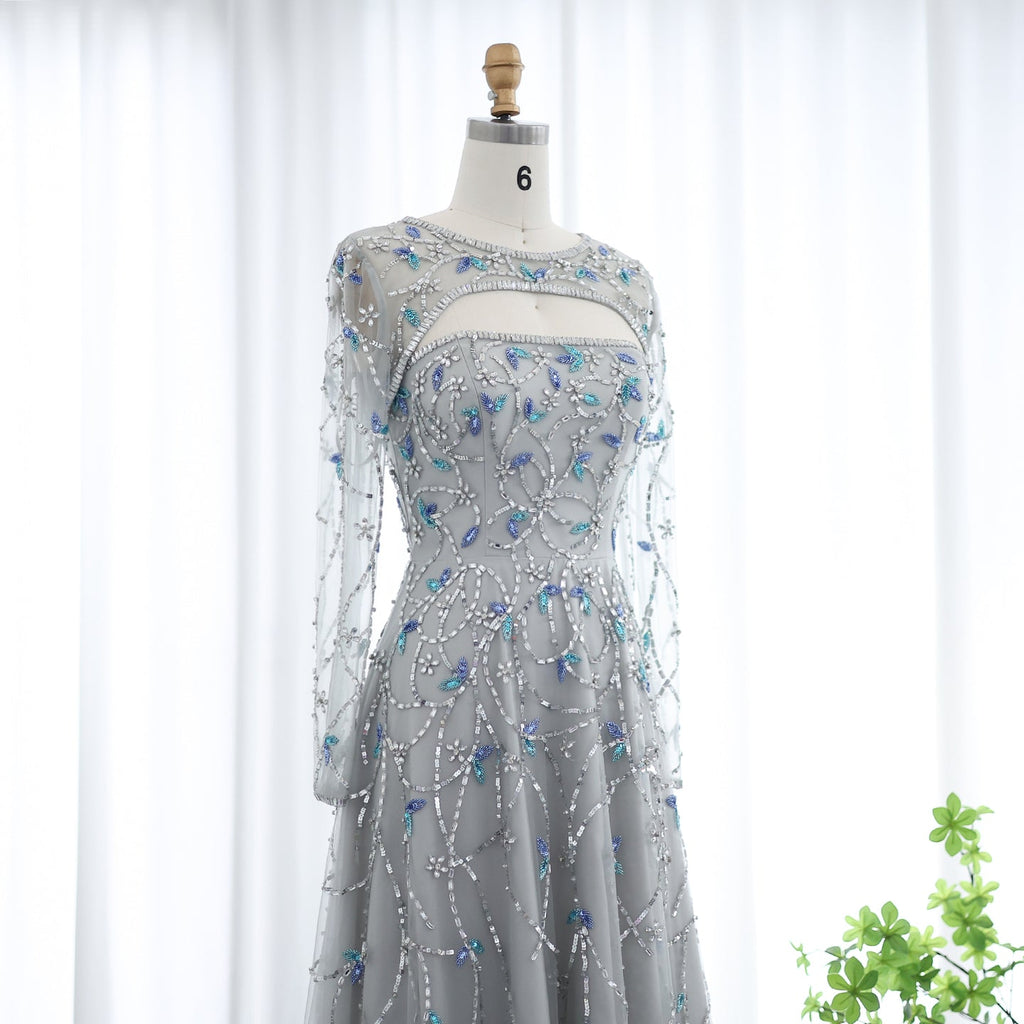Elegant Beaded Sequins Long Sleeve Evening Dress SS593