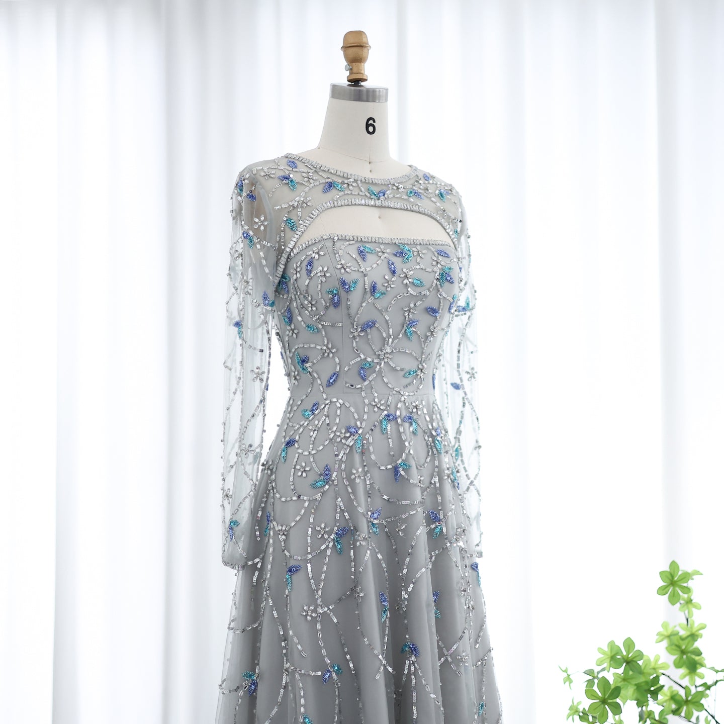 Elegant Beaded Sequins Long Sleeve Evening Dress SS593