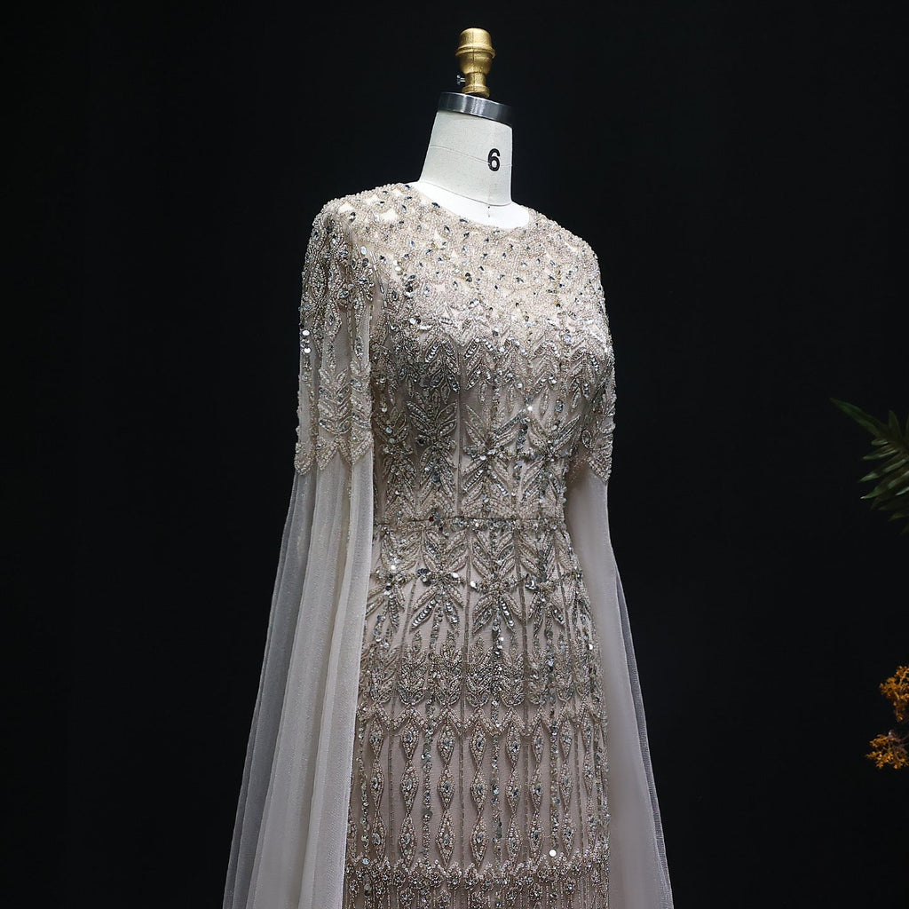 Luxury Caramel Evening Dress with Cape Sleeves SS044