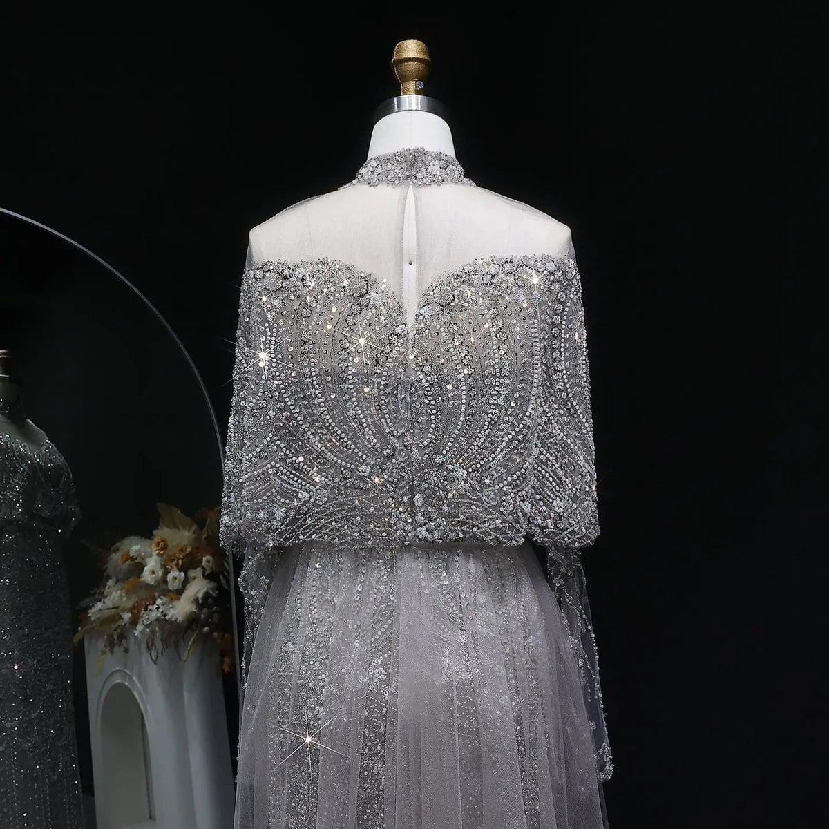 Luxury Gray Beaded Crystal Evening Dress with Cape SS557