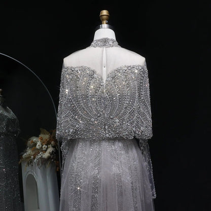 Luxury Gray Beaded Crystal Evening Dress with Cape SS557