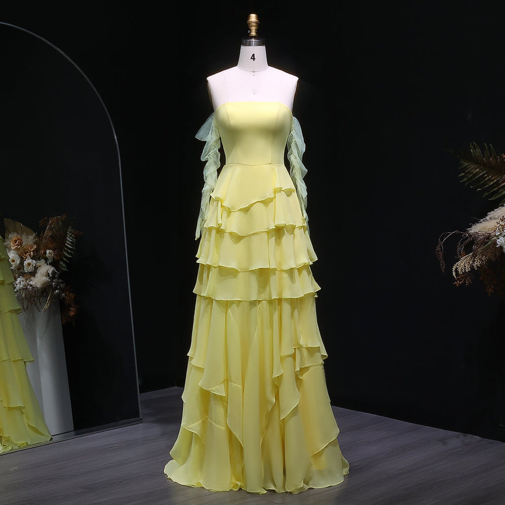 Elegant Yellow Strapless Ruffles Evening Dress SF256