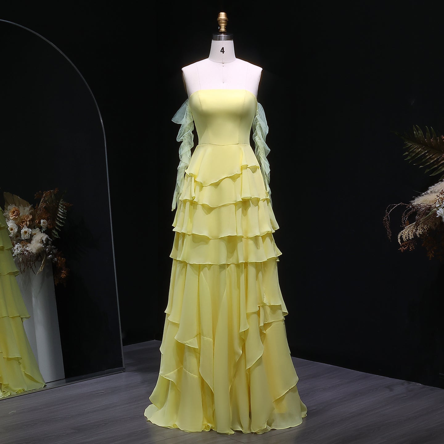 Elegant Yellow Strapless Ruffles Evening Dress SF256
