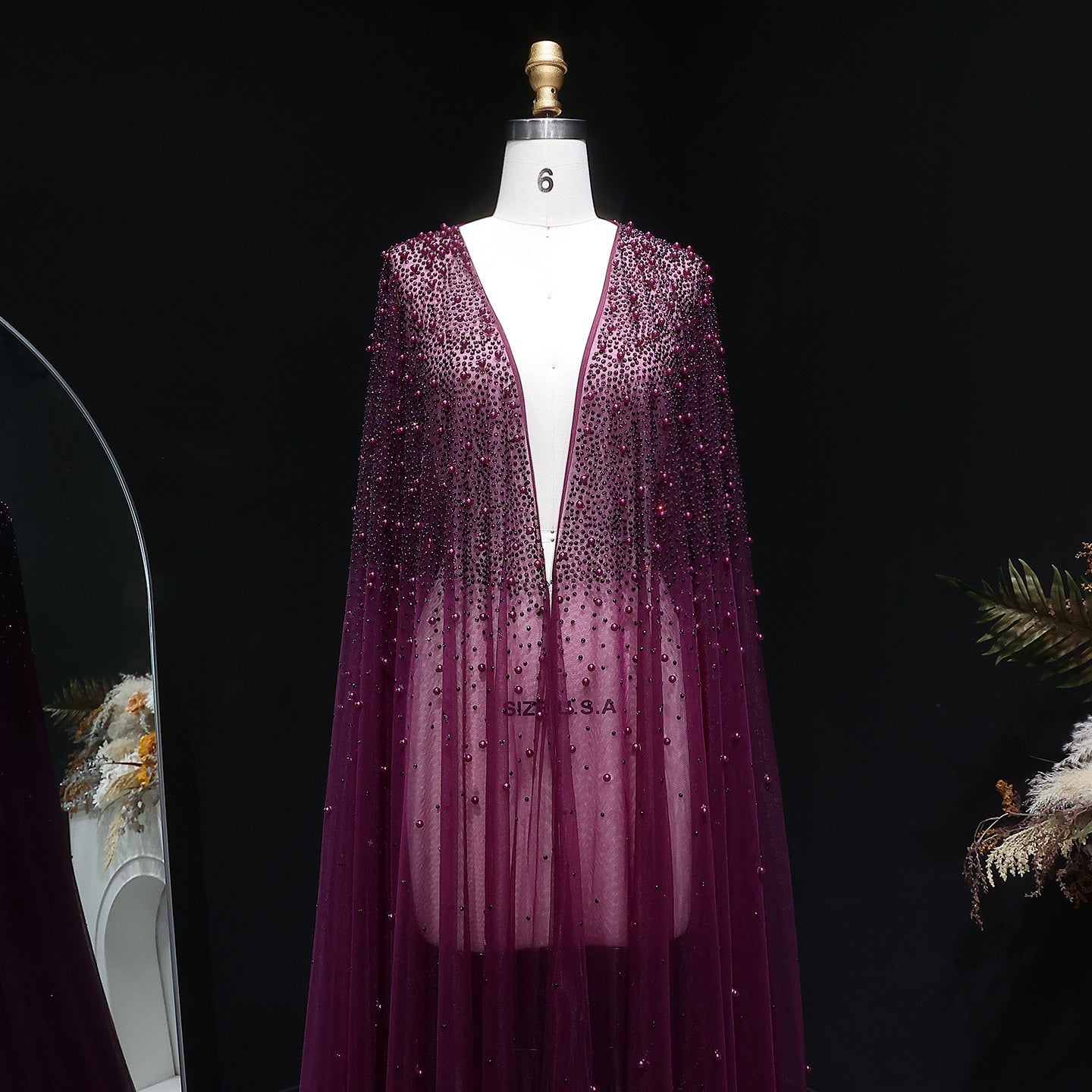 Elegant Black Beaded Long Cape Evening Dress SF082