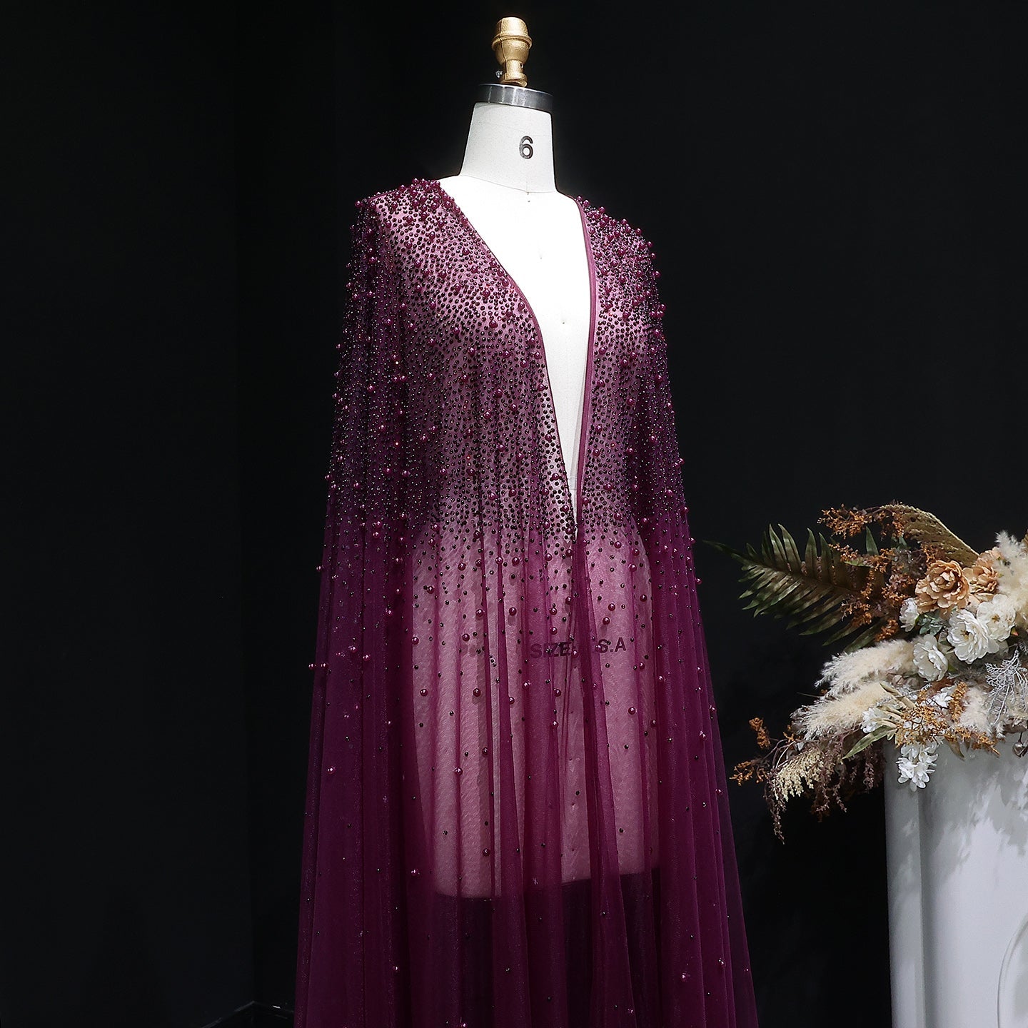 Elegant Black Beaded Long Cape Evening Dress SF082