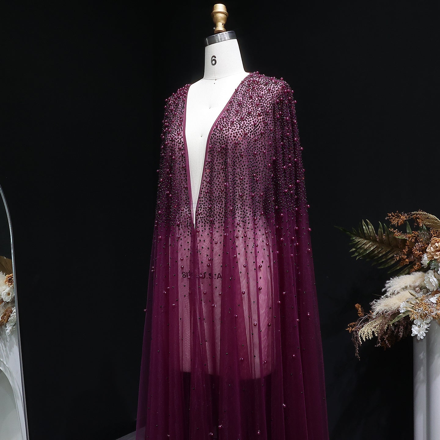 Elegant Black Beaded Long Cape Evening Dress SF082