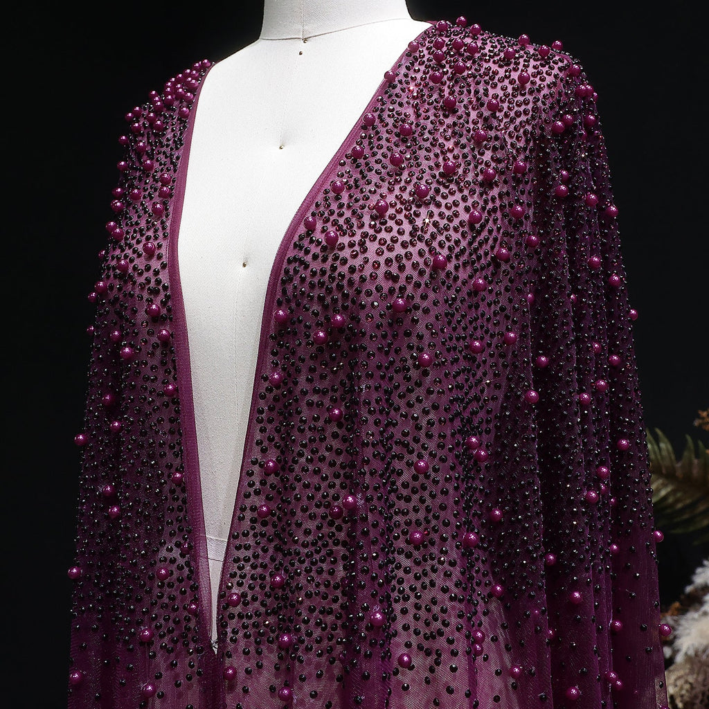 Elegant Black Beaded Long Cape Evening Dress SF082