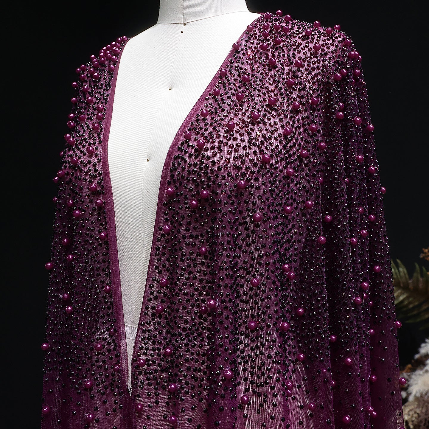 Elegant Black Beaded Long Cape Evening Dress SF082
